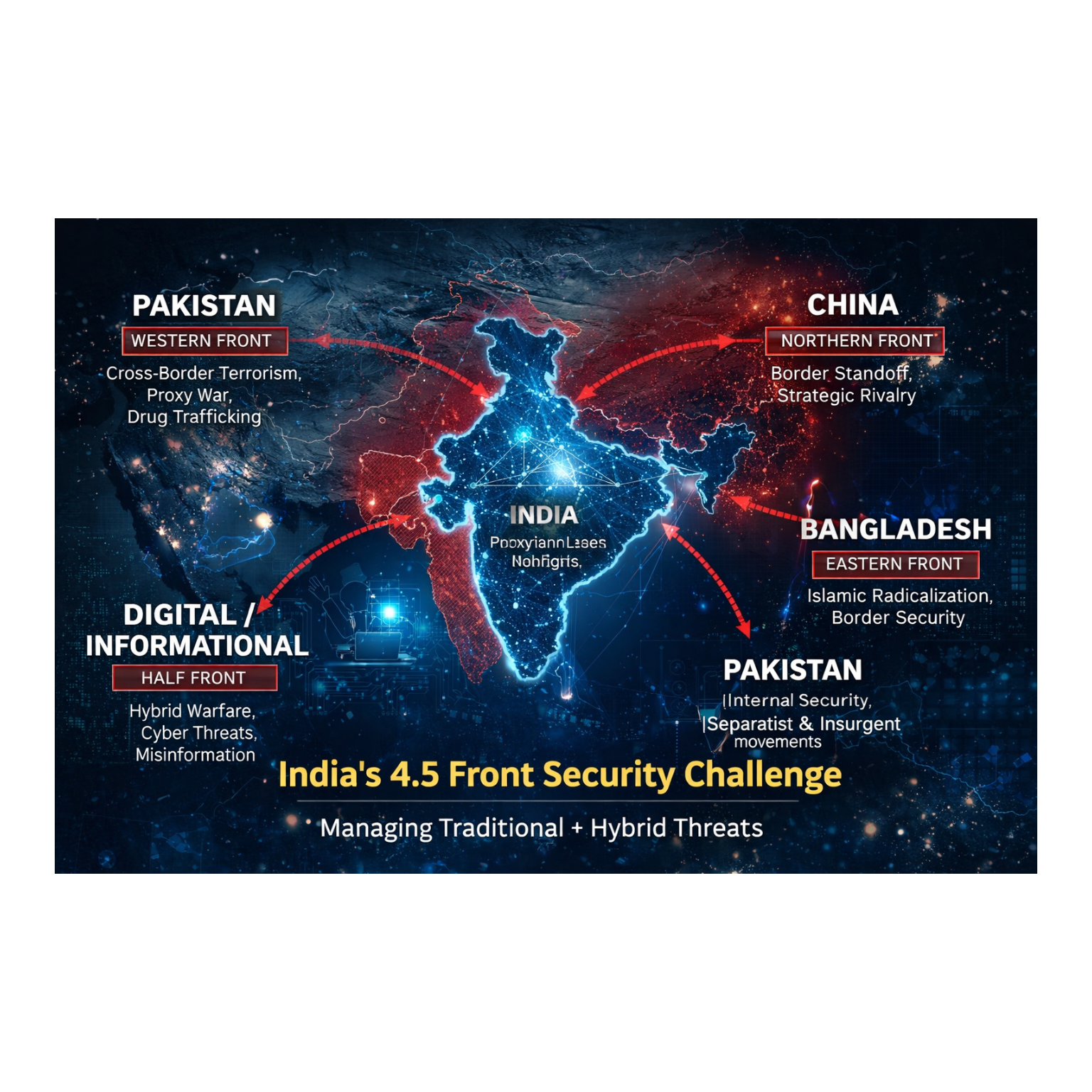 भारत की 4.5 फ्रंट सुरक्षा चुनौती: चीन, पाकिस्तान, आंतरिक विभाजन और हाइब्रिड युद्ध